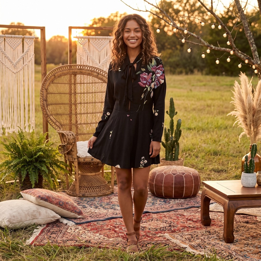 Free People Floral Mini Dress Womens SP Black Boho Open Back Skater